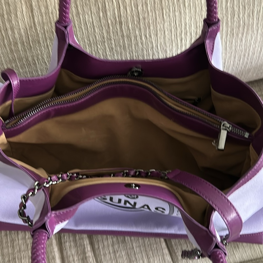 Gunas New York Ruth  canvas tote bag purple trimmed in leather APX 16 x 11 x 4 - Picture 10 of 13